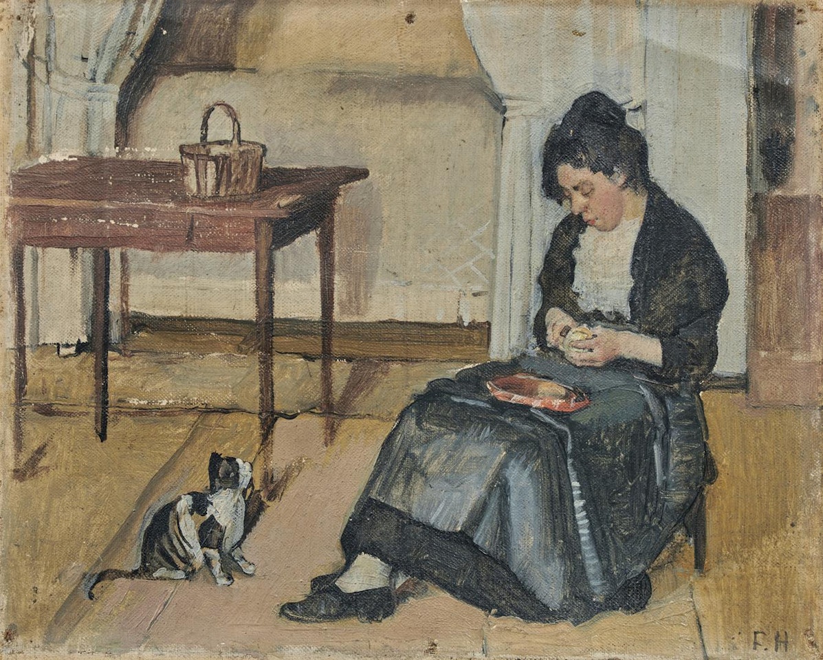 SITZENDE FRAU, EINEN APFEL SCHÄLEND by Ferdinand Hodler