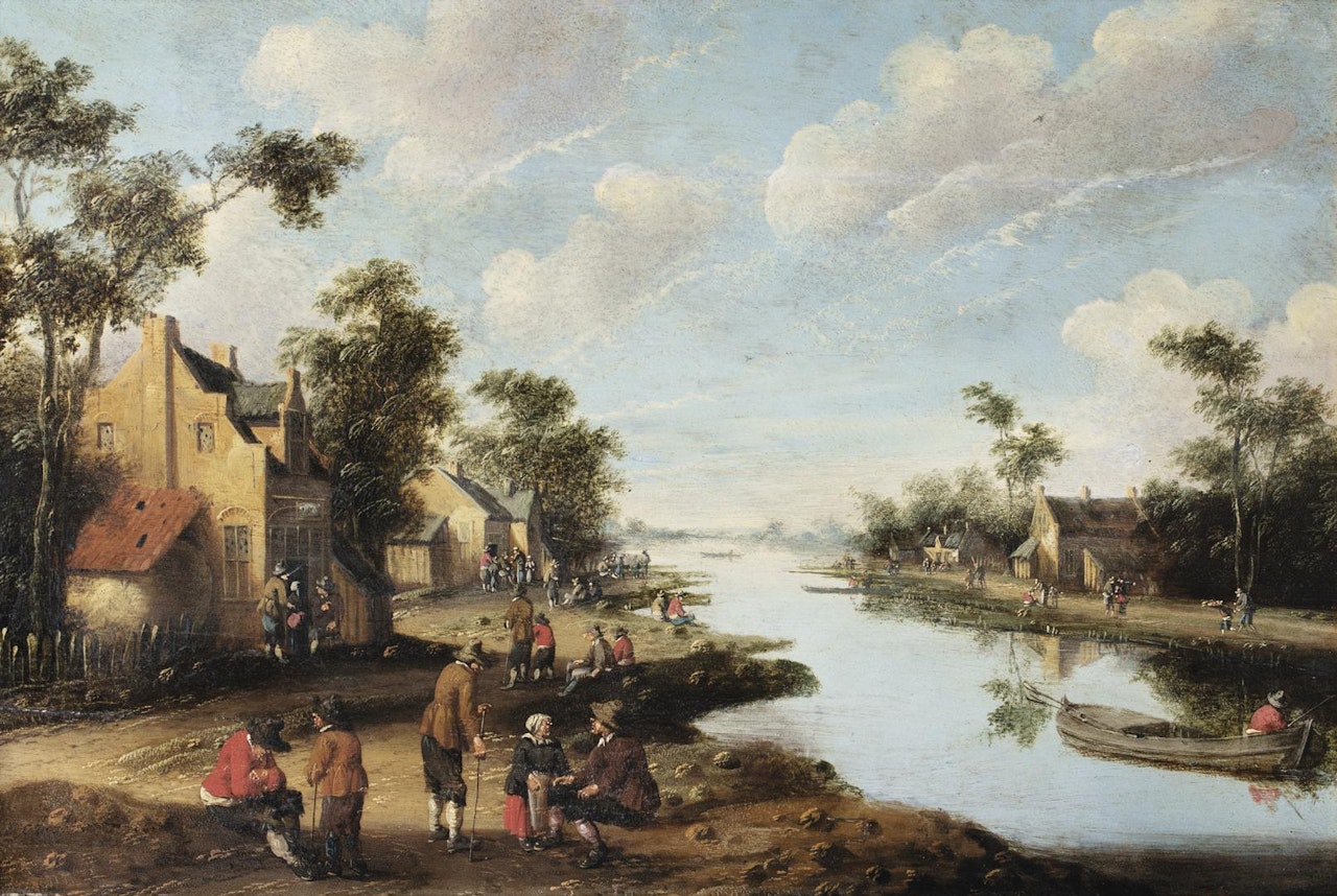 A RIVER LANDSCAPE WITH FIGURES RESTING NEAR AN INN, A FISHERMAN IN A ROWING BOAT TO THE RIGHT   by Cornelis Droochsloot