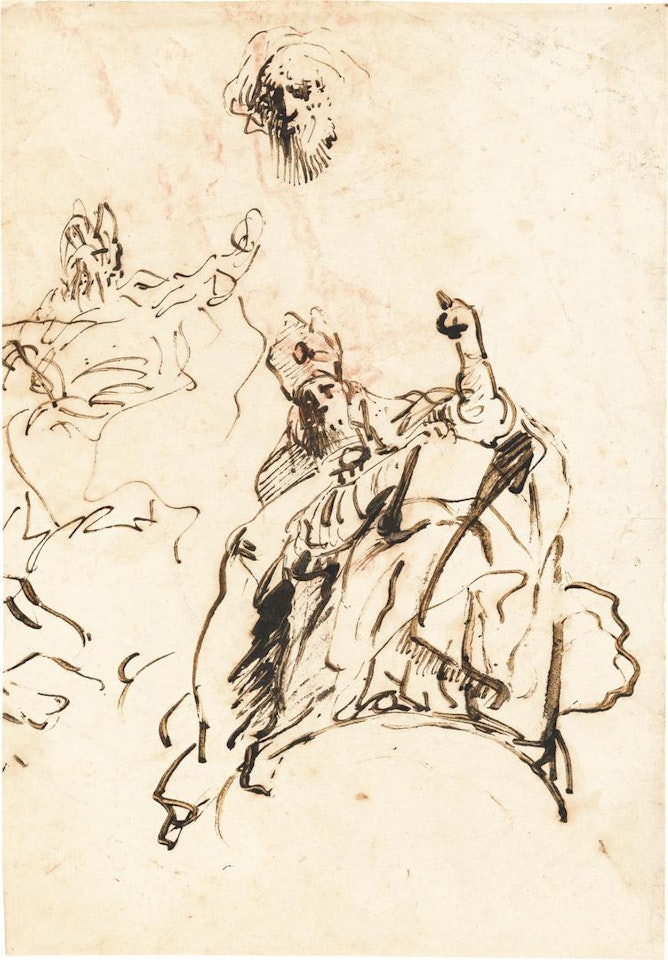 STUDY OF A BISHOP SEATED ON A CLOUD by Giovanni Domenico Tiepolo