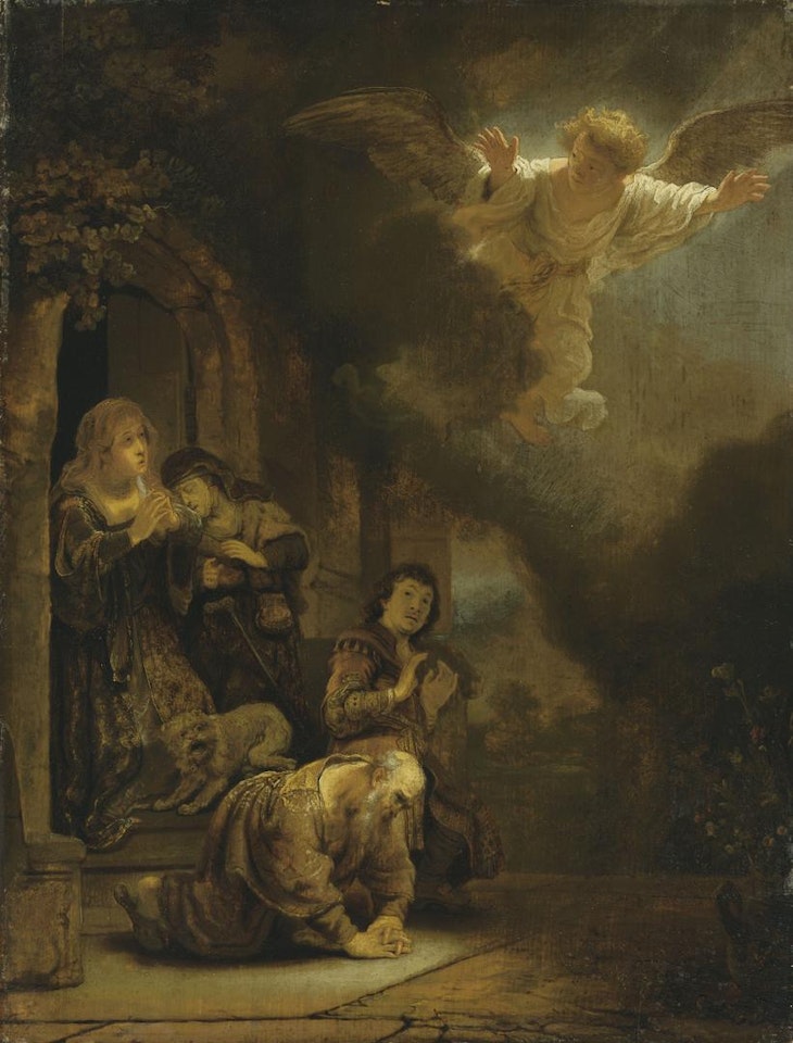 The Archangel Raphael taking leave of Tobit and his family by Attributed to Rembrandt Harmensz van Rijn