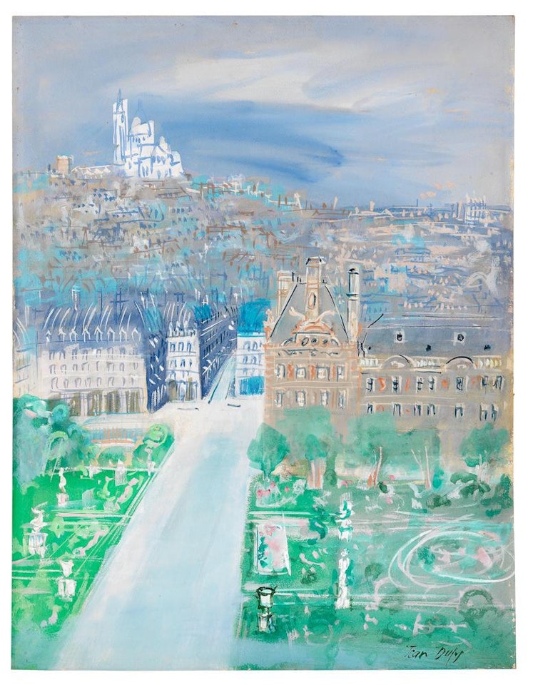 Vue aérienne de Paris: le jardin des Tuileries et la Basilique du Sacré Cœur de Montmartre by Jean Dufy