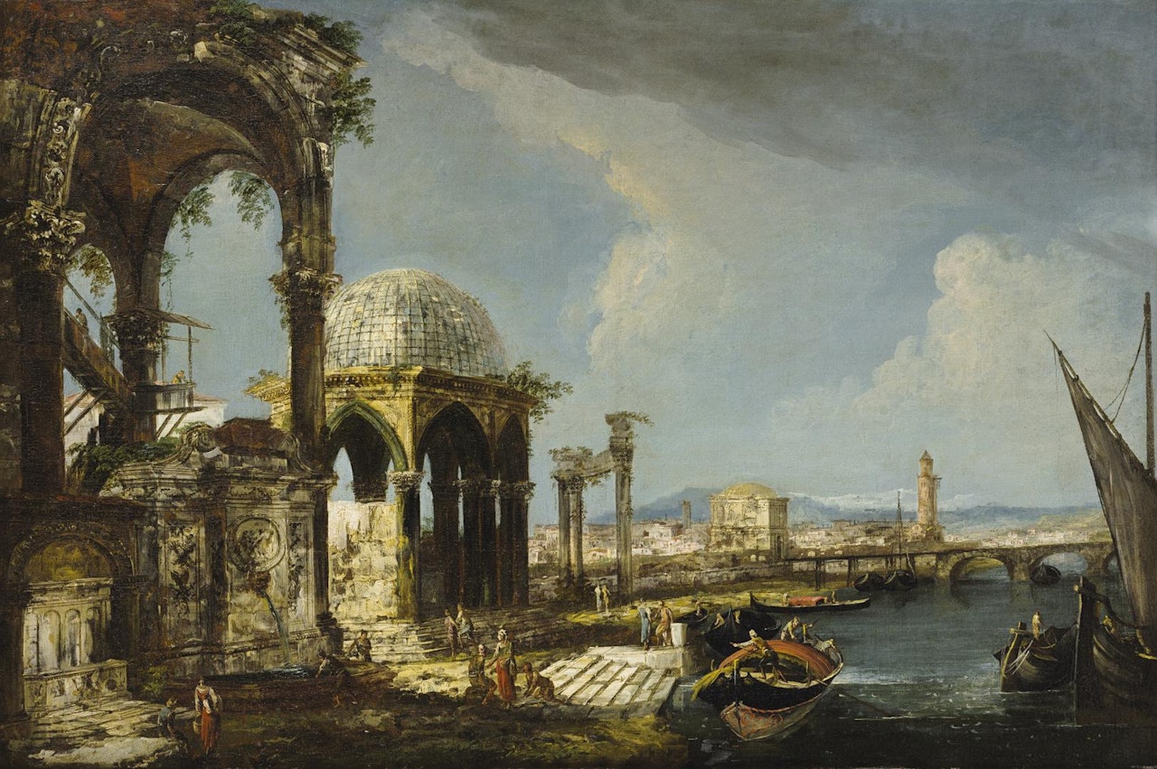 AN ARCHITECTURAL CAPRICCIO WITH A RIVER AND A GOTHIC TEMPLE by Michele Marieschi