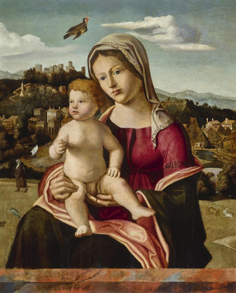 MADONNA AND CHILD IN AN EXTENSIVE LANDSCAPE WITH A HILL TOWN, A GOLDFINCH FLYING ABOVE by Bartolomeo Veneto