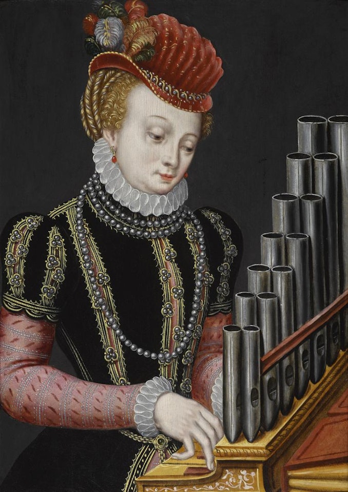 AN ELEGANTLY-DRESSED LADY AT AN ORGAN, AS SAINT CECILIA by Flemish School