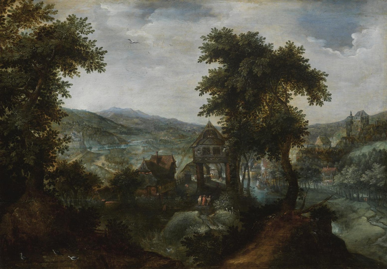 A WOODED LANDSCAPE WITH HUNTERS BY A VILLAGE by Attributed to Gillis van Coninxloo