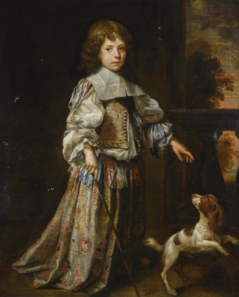 PORTRAIT OF A BOY, FULL-LENGTH, WEARING A RICHLY-EMBROIDERED DOUBLET AND SKIRT, WITH BLUE, WHITE AND RED RIBBONS, AND A LACE COLLAR, STANDING WITH HIS DOG IN A LANDSCAPE by Dutch School