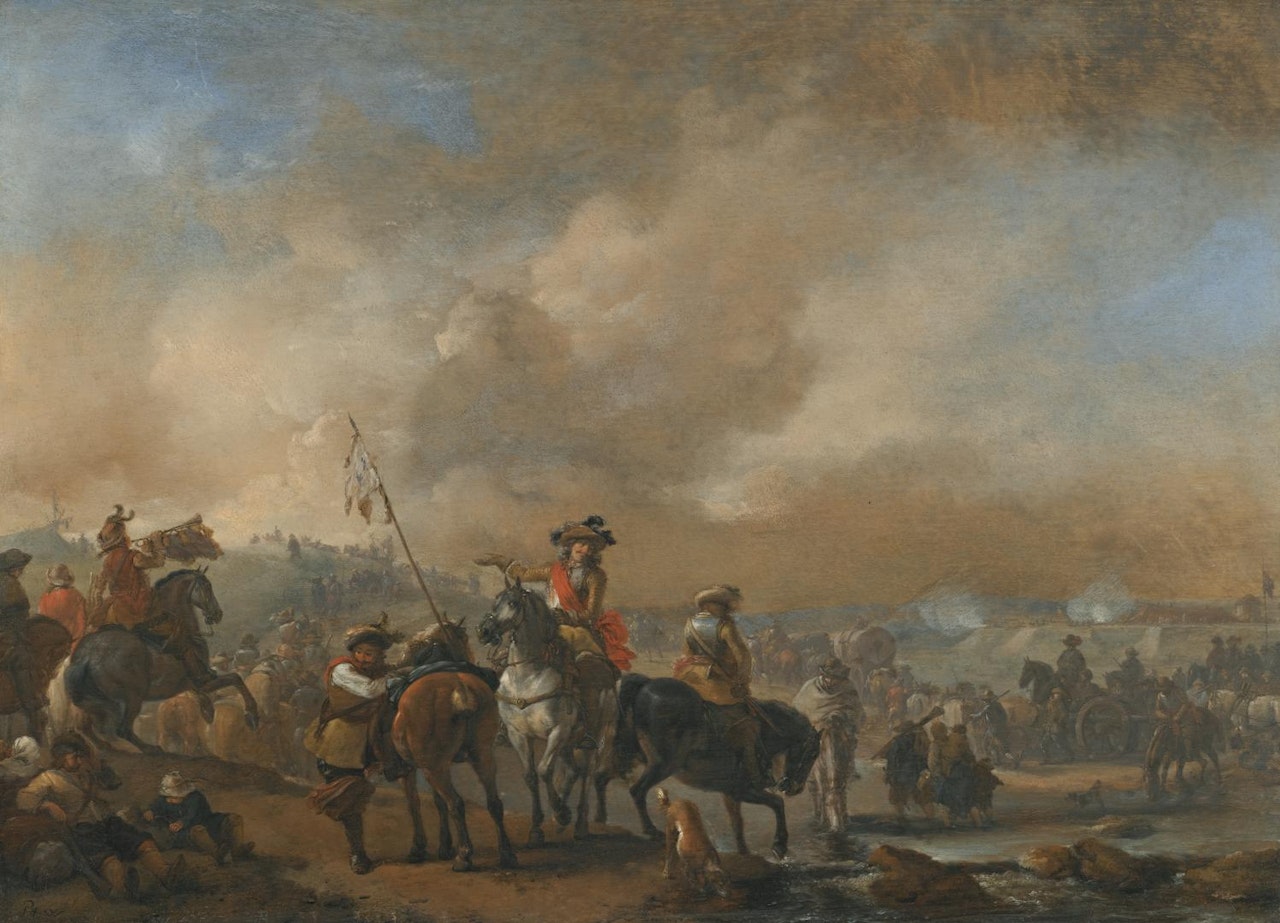 CAVALRY ON THE MOVE, A FORTIFICATION UNDER SIEGE BEYOND by Philips Wouwerman