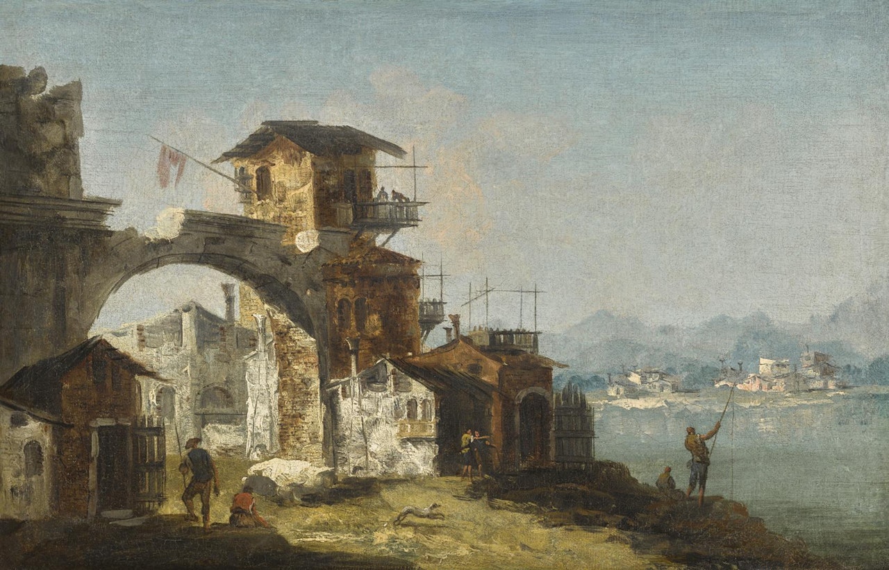 AN ARCHITECTURAL CAPRICCIO WITH FIGURES BESIDE A RIVER by Michele Marieschi
