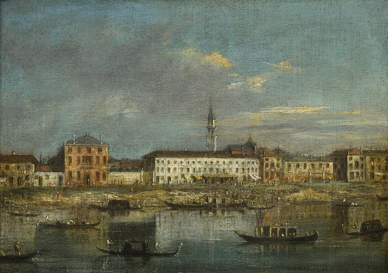 DOLO, A VIEW ON THE BRENTA CANAL, WITH THE BELL TOWER OF SAN ROCCO IN THE DISTANCE by Venetian School