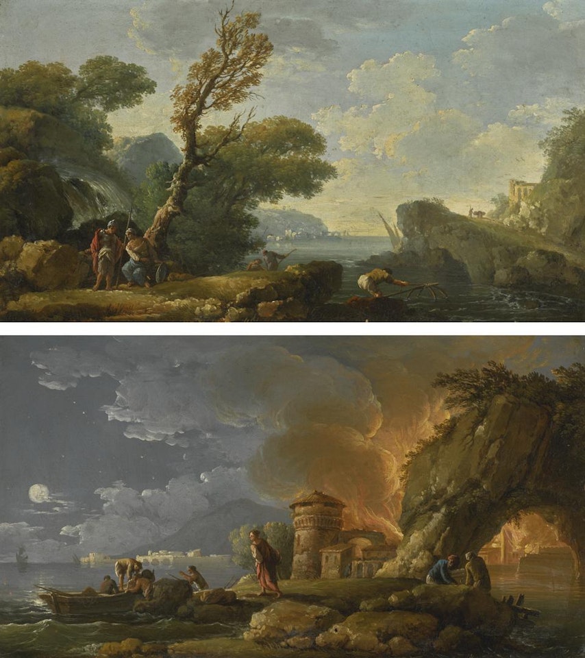 MORNING: AN ESTUARY LANDSCAPE WITH SOLDIERS AND FISHERMEN; EVENING: A COASTAL LANDSCAPE WITH A BURNING TOWN by Carlo Bonavia
