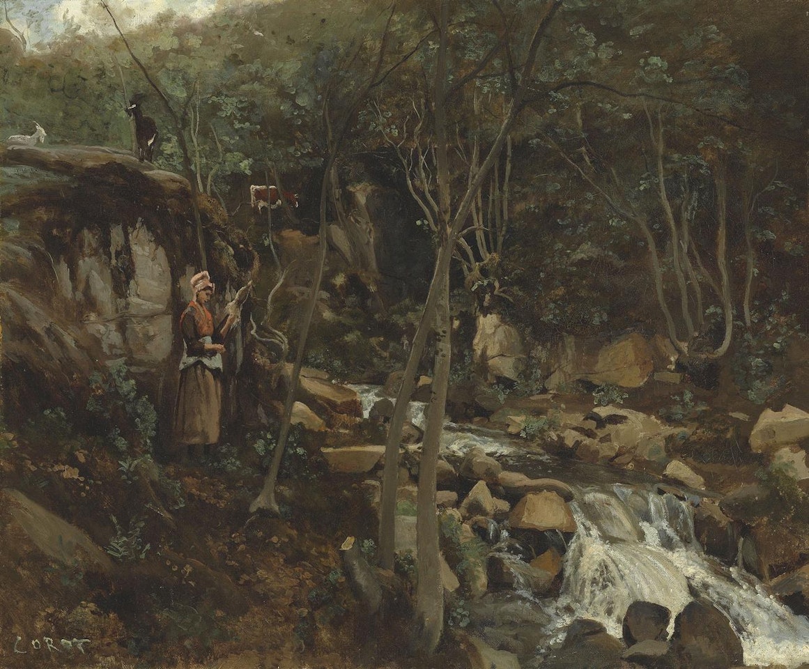 Lormes - Un torrent avec une chevrière debout, filant by Jean Baptiste Camille Corot