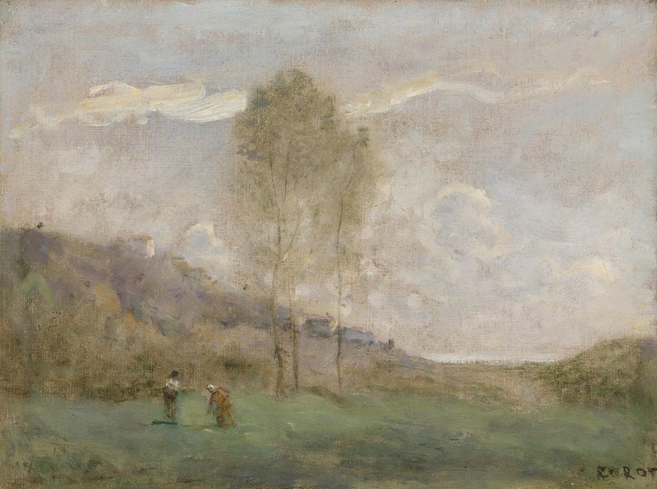 Paysage d'automne près d'une côte, avec deux personnages by Jean Baptiste Camille Corot