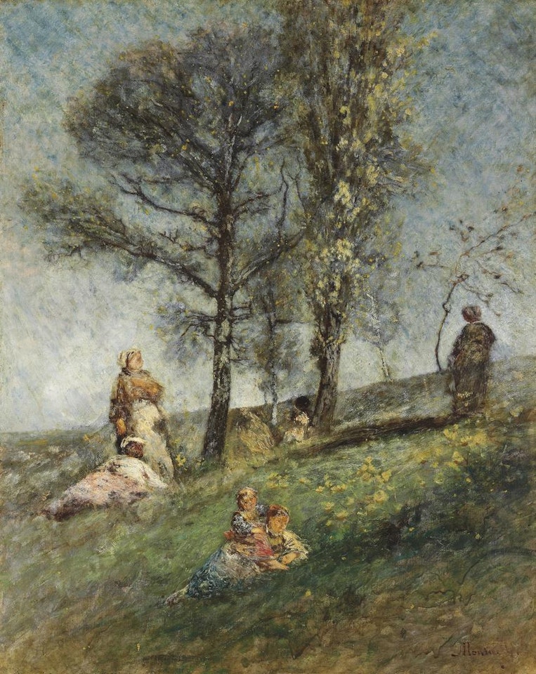 A young family under trees on a hill by Adolphe Monticelli