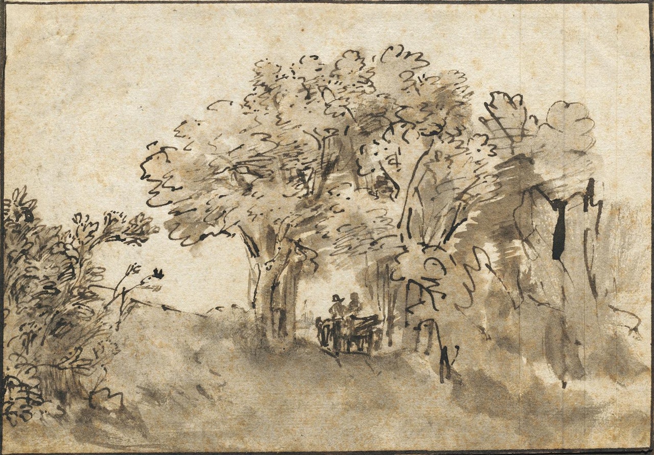 A carriage on a road flanked by trees by Attributed to Rembrandt Harmensz van Rijn