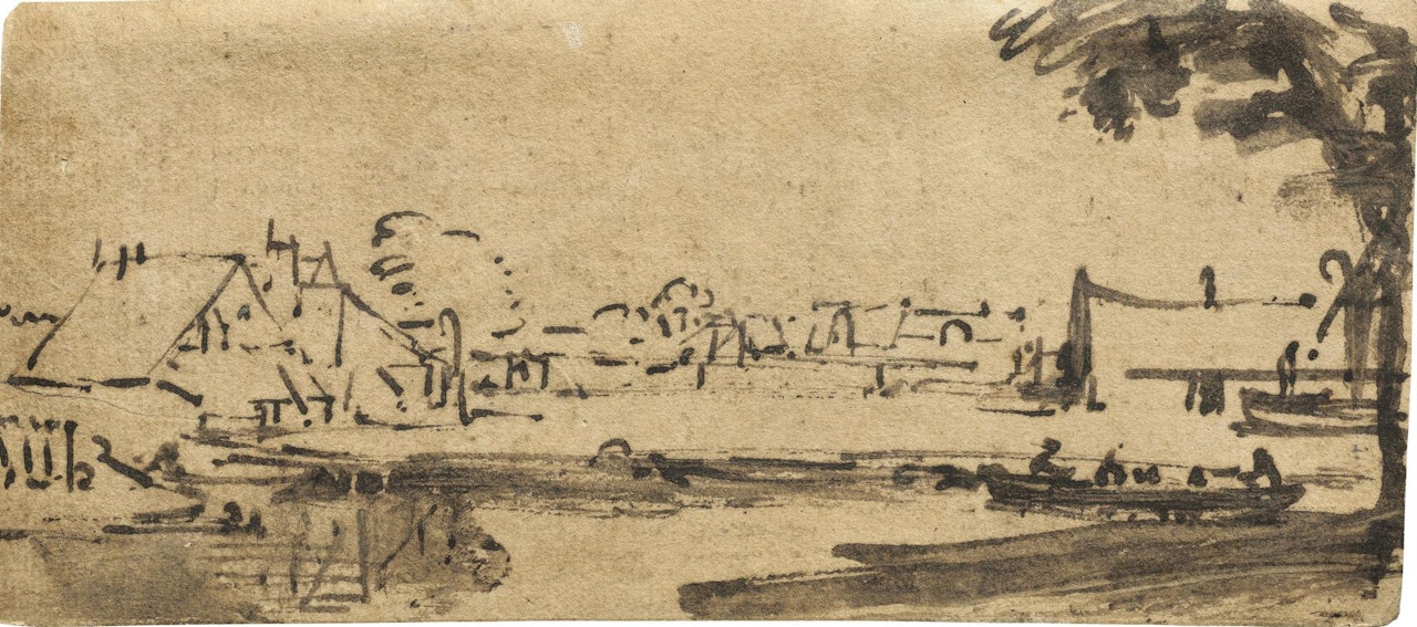 A view of a town along a river, a boat in the foreground by Attributed to Rembrandt Harmensz van Rijn
