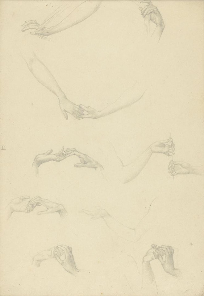 A sheet of hand studies for 'The Mill' by Edward Coley Burne-Jones