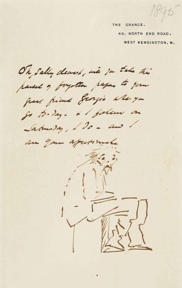 A self-portrait in caricature; A chicken regarding a worm; and A cat watching a bird by Edward Coley Burne-Jones
