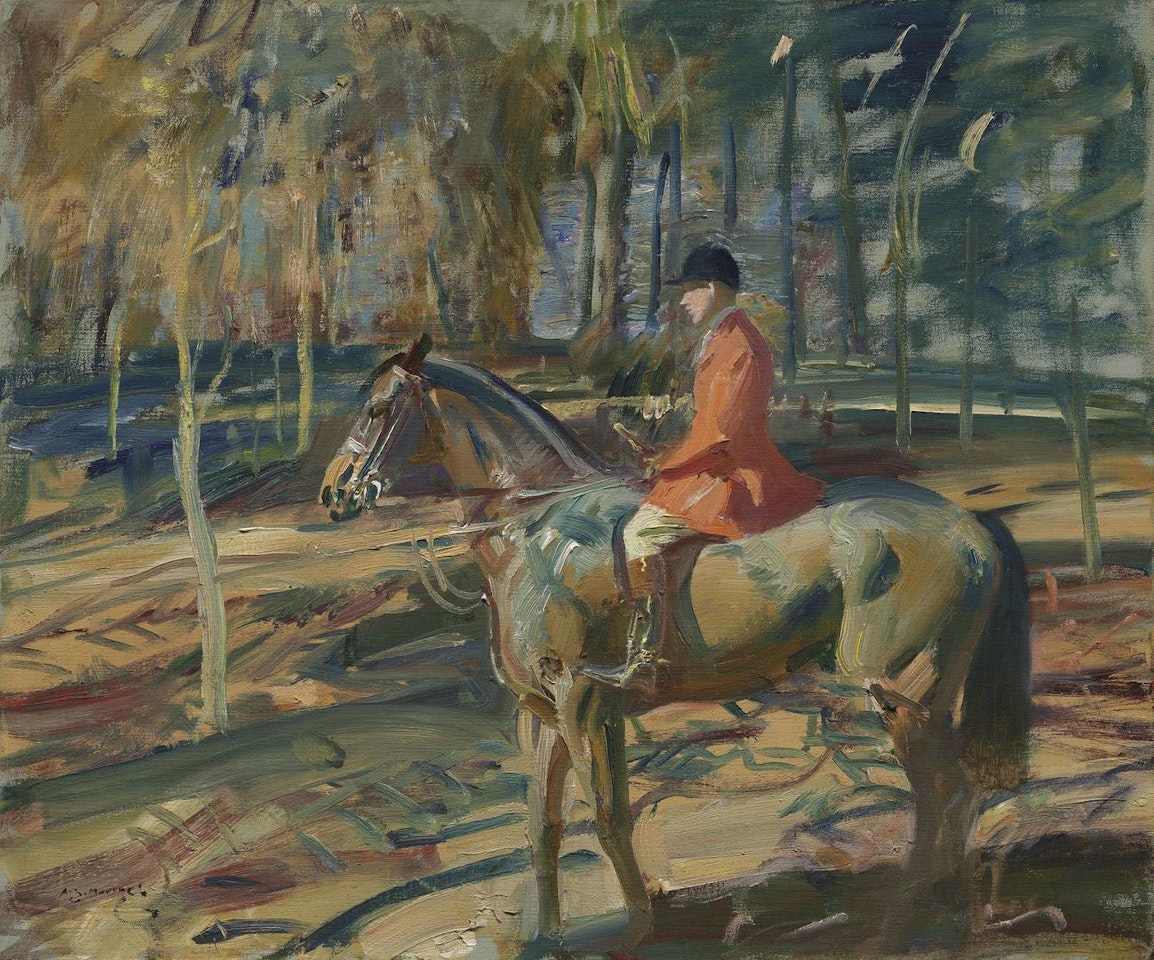 Winter sunshine: huntsman by a covert by Alfred James Munnings