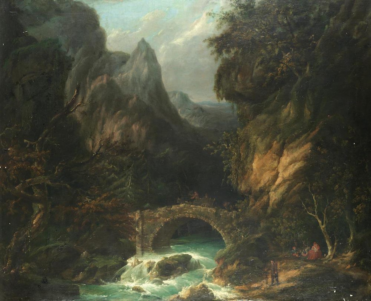A mountainous river landscape with figures crossing a bridge by Alexandre Calame