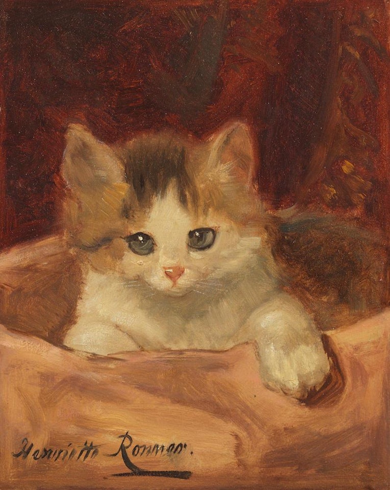 Kitten on a pink cushion by Henriette Ronner-Knip