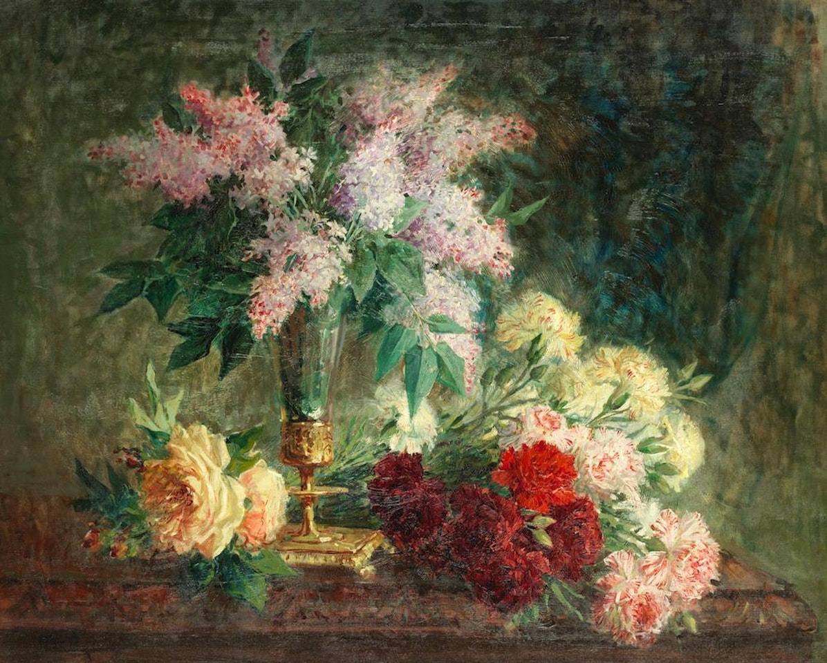 An arrangement of lilacs, roses and carnations by Pierre Eugène Montezin
