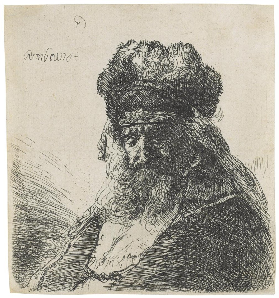Bearded old Man in high Fur Cap, with Eyes closed by Attributed to Rembrandt Harmensz van Rijn