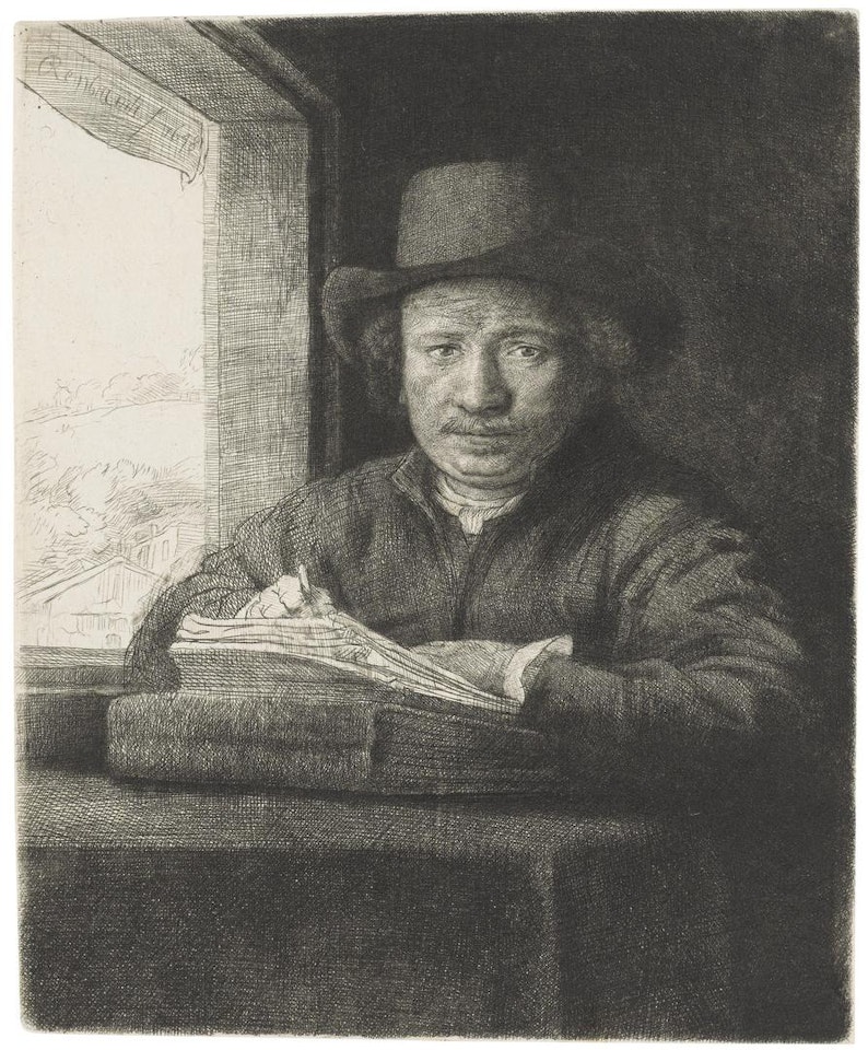 Self-Portrait etching at a Window by Attributed to Rembrandt Harmensz van Rijn