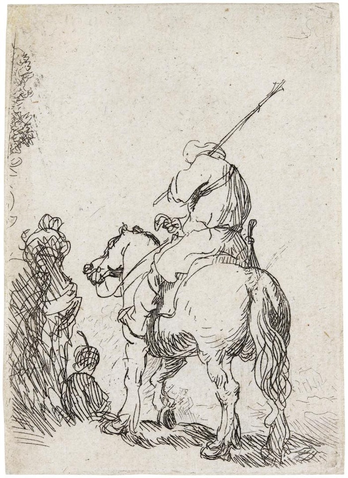 Turbaned Soldier on Horseback by Attributed to Rembrandt Harmensz van Rijn