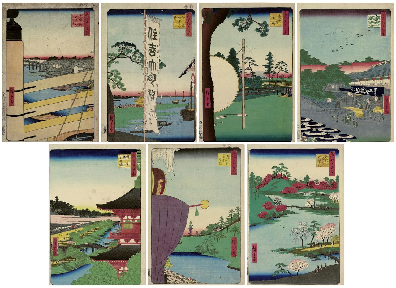 Nihonbashi Bridge and Edobashi Bridge (Nihonbashi Edobashi); Sumiyoshi Festival, Tsukudajima (Tsukudajima Sumiyoshi no matsuri); Takata Riding Grounds (Takata no baba); Ueno Yamashita (Ueno Yamashita); Zojoji Pagoda and Akabane (Zojoji to, Akabane); Sanno Festival Procession at Kojimachi 1-chome (Kojimachi-itchome Sanno Matsuri nerikomi); Open Garden at Fukagawa Hachiman Shrine (Fukagawa Hachiman yamabiraki) by Utagawa Hiroshige