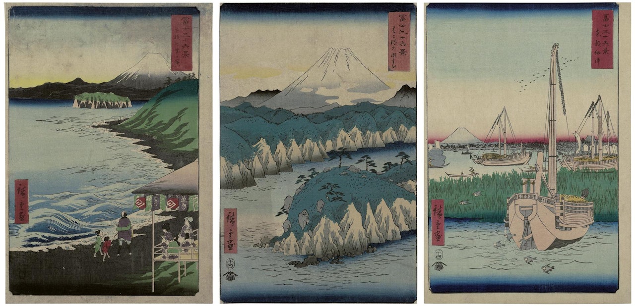 Seven-Mile Beach in Sagami Province (Sagami Shichirigahama); Lake at Hakone (Hakone no kosui); The Sea at Tsukuda in Edo (Toto Tsukuda oki) by Utagawa Hiroshige