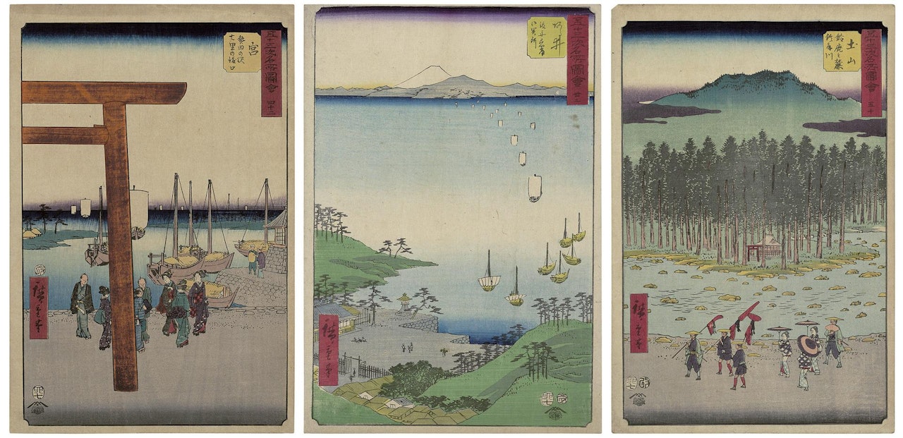 Atsuta Terminal of the Shichiri Ferry (Miya: Atsuta no eki Shichiri no watashiguchi); Ferryboats Arriving at the Checkpoint (Arai, Wataribune chakugan gosekisho); The Suzuka Foothills and Suzuka River (Tsuchiyama, Suzuka no fumoto, Suzukagawa) by Utagawa Hiroshige