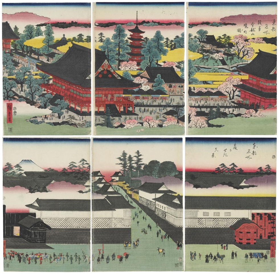 Asakusa Kannon Temple (Asakusa Kinryuzan keidai no zu); A True View of Kasumigaseki (Kasumigaseki shinkei) by Utagawa Hiroshige