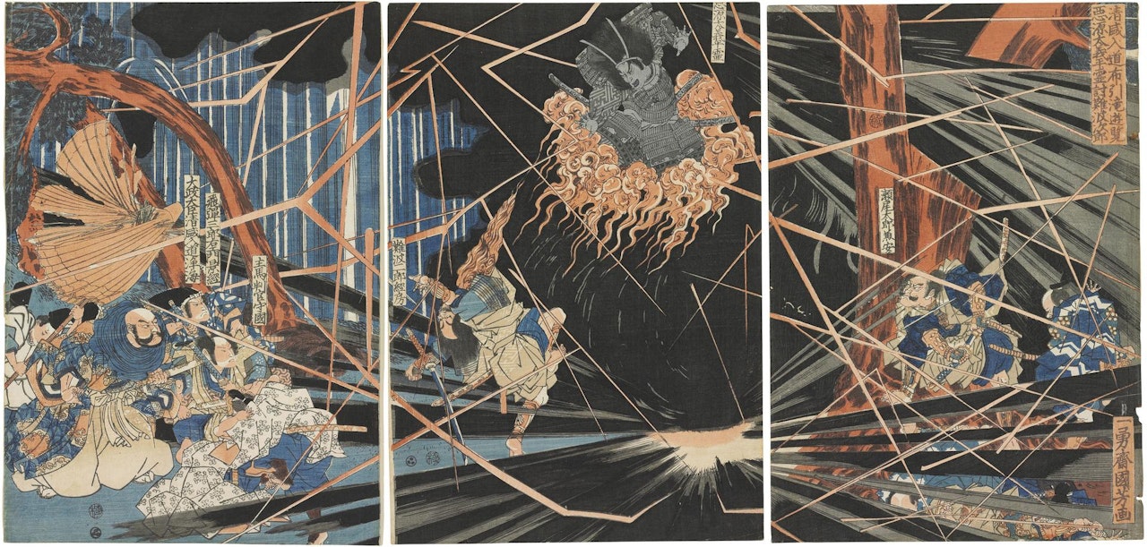 During the Visit of Kiyomori to the Nunobiki Waterfall, the Ghost of Akugenta Yoshihira Strikes Down Nanba Jiro (Kiyomori nyudo Nunobiki no taki yuran Akugenta Yoshihira no rei Nanba Jiro o utsu) by Utagawa Kuniyoshi