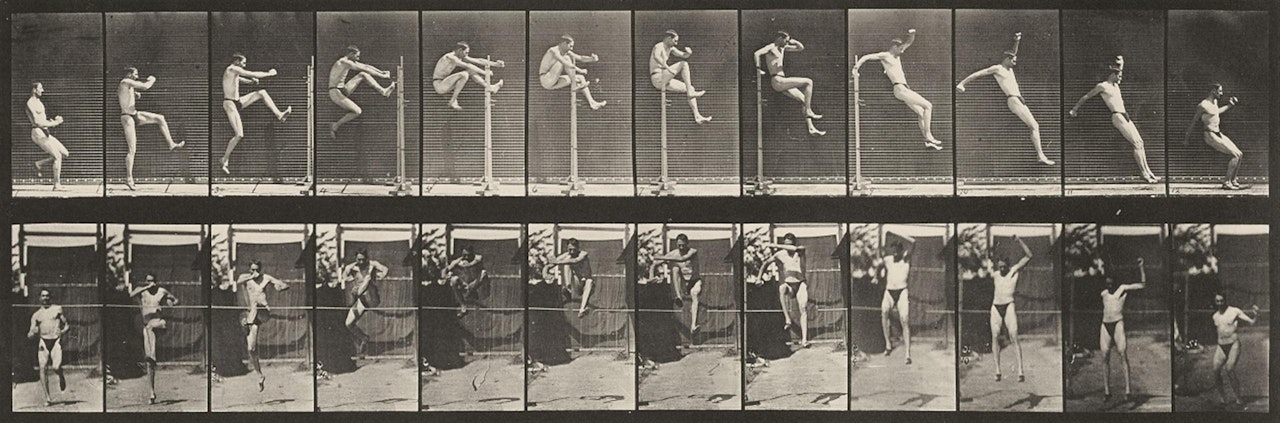 Man performing running straight high jump (plate 152, from: Animal Locomotion) by Eadweard Muybridge