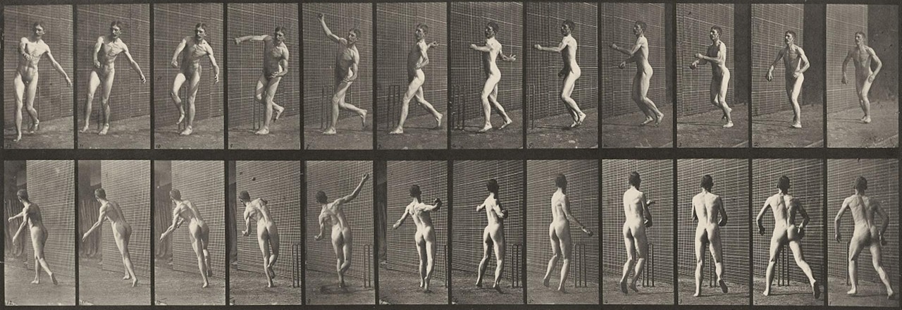 Cricket, Overarm Bowling. Man in pelvis cloth throwing rock (pl. 290 and 319, from: Animal Locomotion) by Eadweard Muybridge
