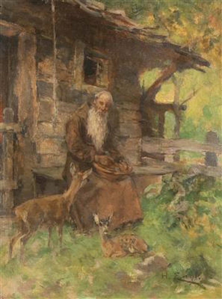 Hermit with deer and fawn by Hugo Engl