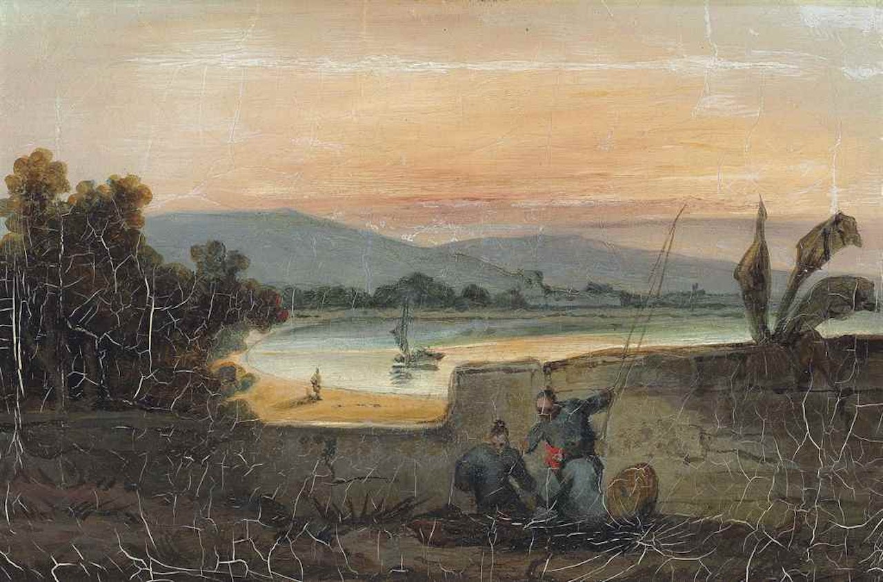 Sunset, Macao, with fishermen, and a bay beyond by George Chinnery