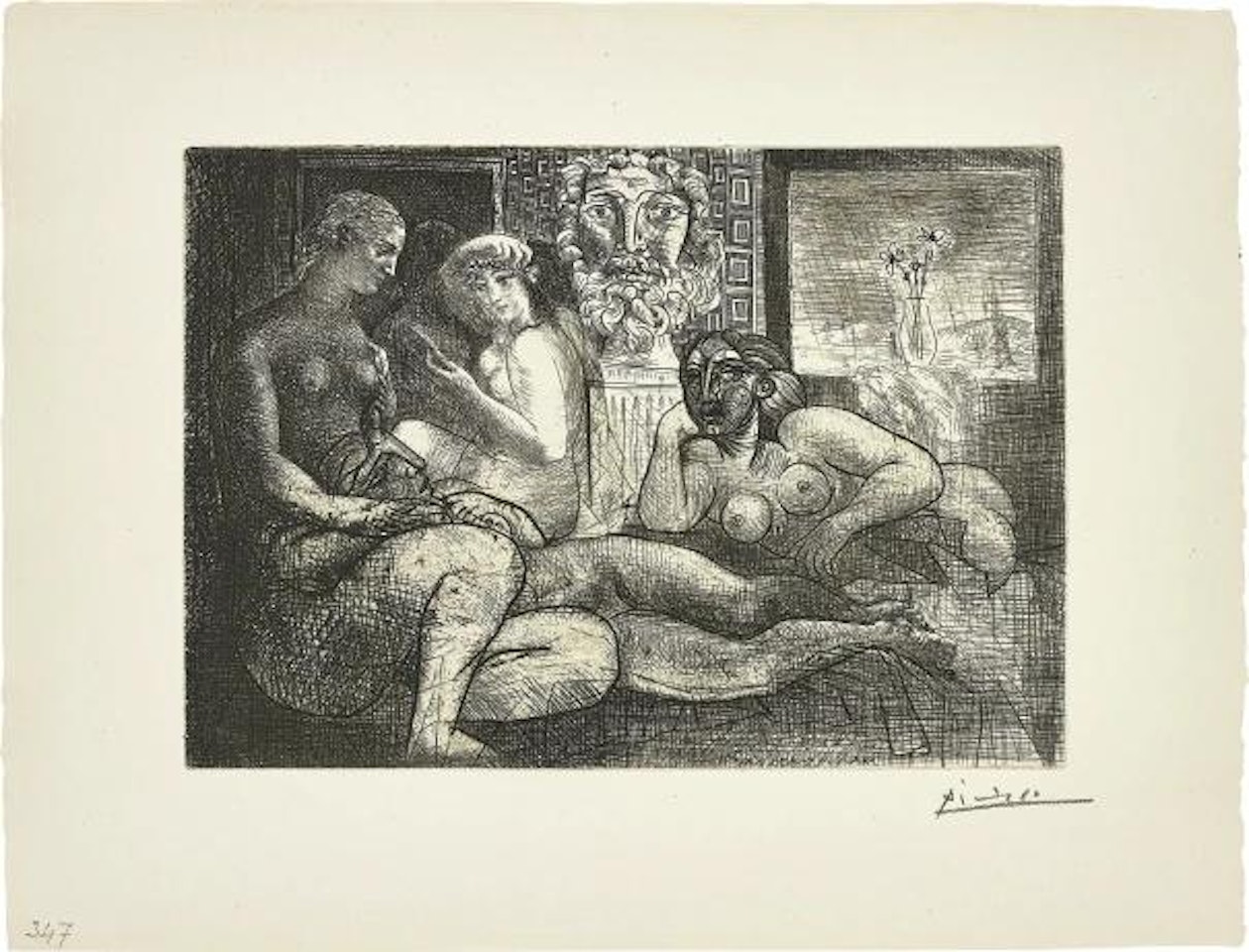 Quatre femmes nues et tête sculptée (Four Nude Women and a Carved Head), plate 82, from La Suite Vollard by Pablo Picasso