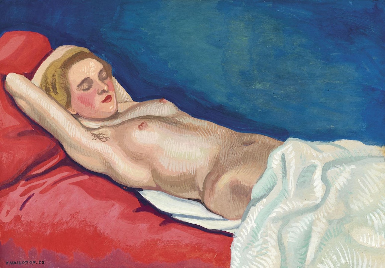 Femme nue couchée sur un canapé rouge by Félix Vallotton