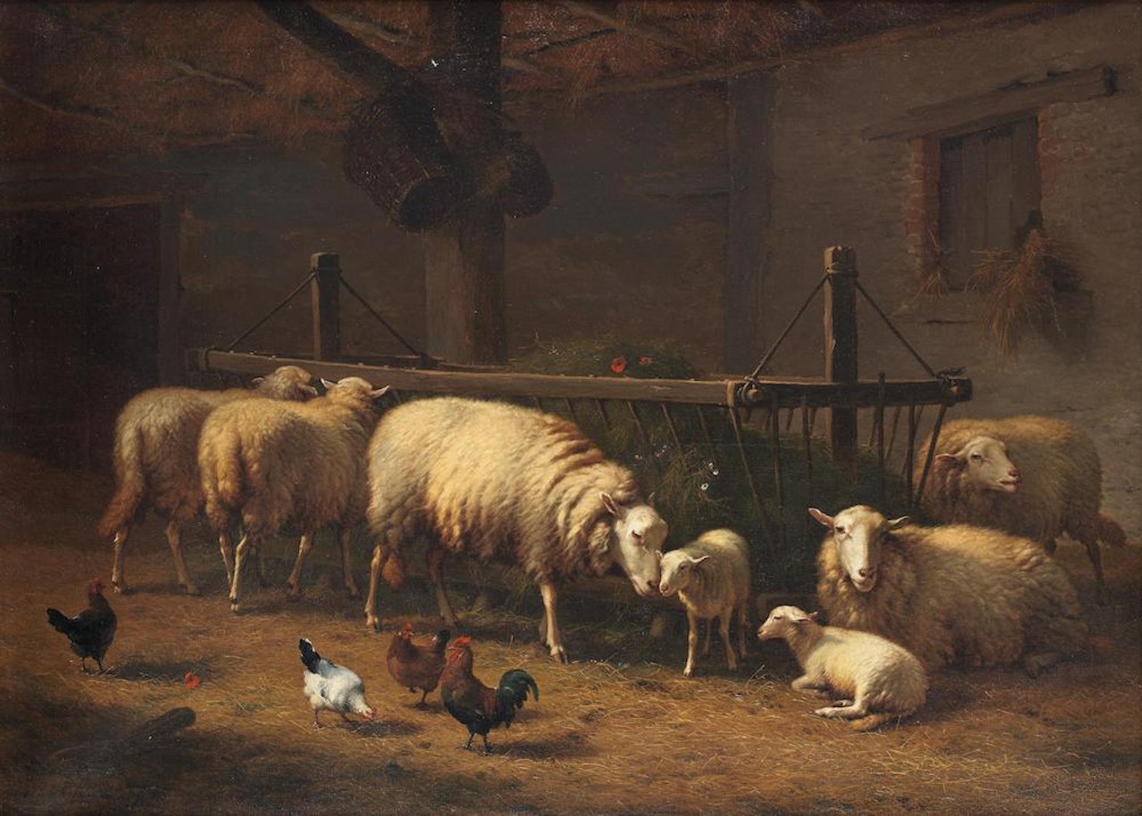 Sheep and chickens in a barn by Eugène Joseph Verboeckhoven