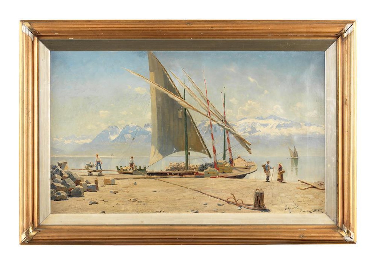 Unloading stone from a barge at Ouchy, Lac Leman by Peder Mork Monsted