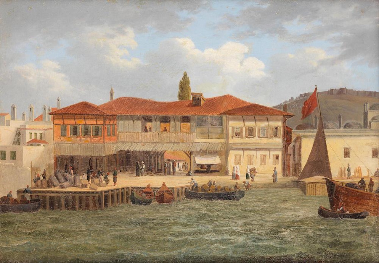 Harbour scene with figures unloading boats, a fortress beyond; Harbour scene with figures smoking chibouks beside the water by French School