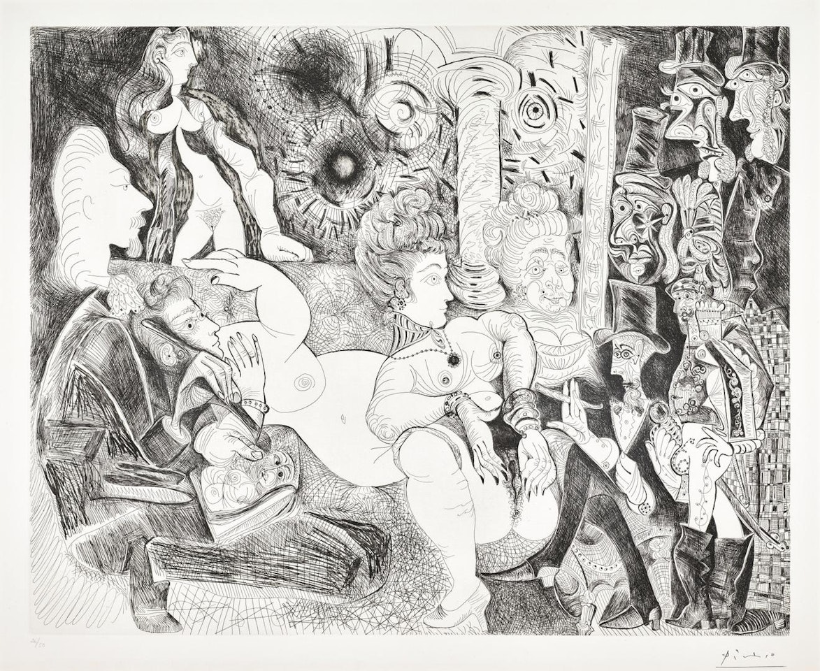 PEINTRE À LAVALLIÈRE DESSINANT SON MODÈLE DANS LE CADRE DE LA MAISON TELLIER (B. 1871; BA. 1876) by Pablo Picasso