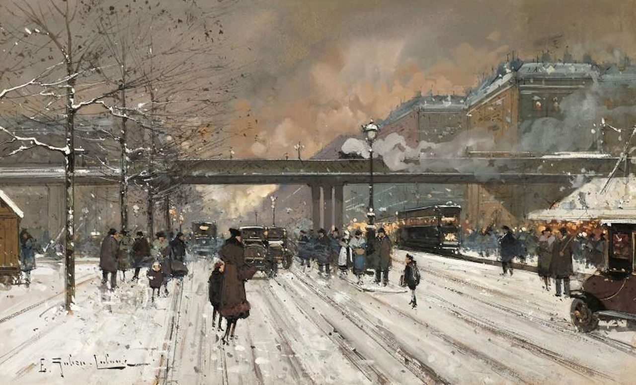 Paris, aerial train under the snow by Eugene Galien-Laloue