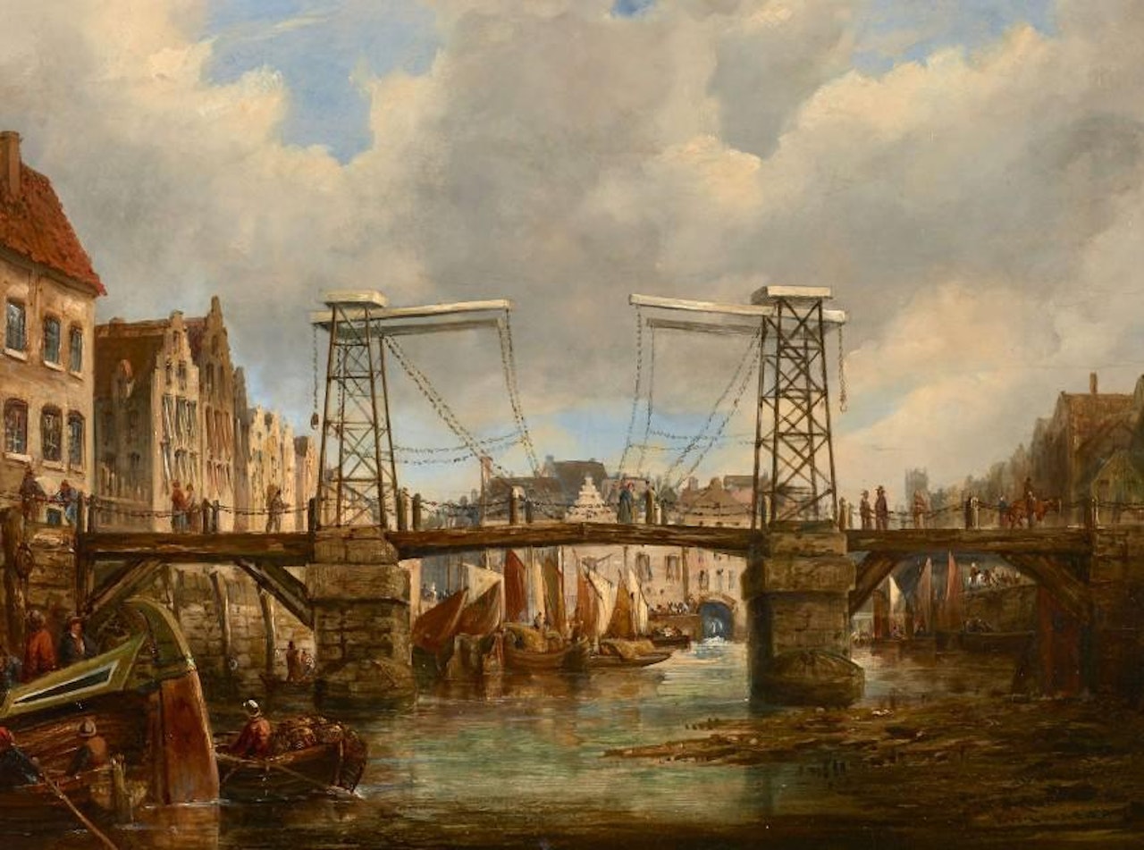 Dutch landscape at the bridge by Edward William Cooke