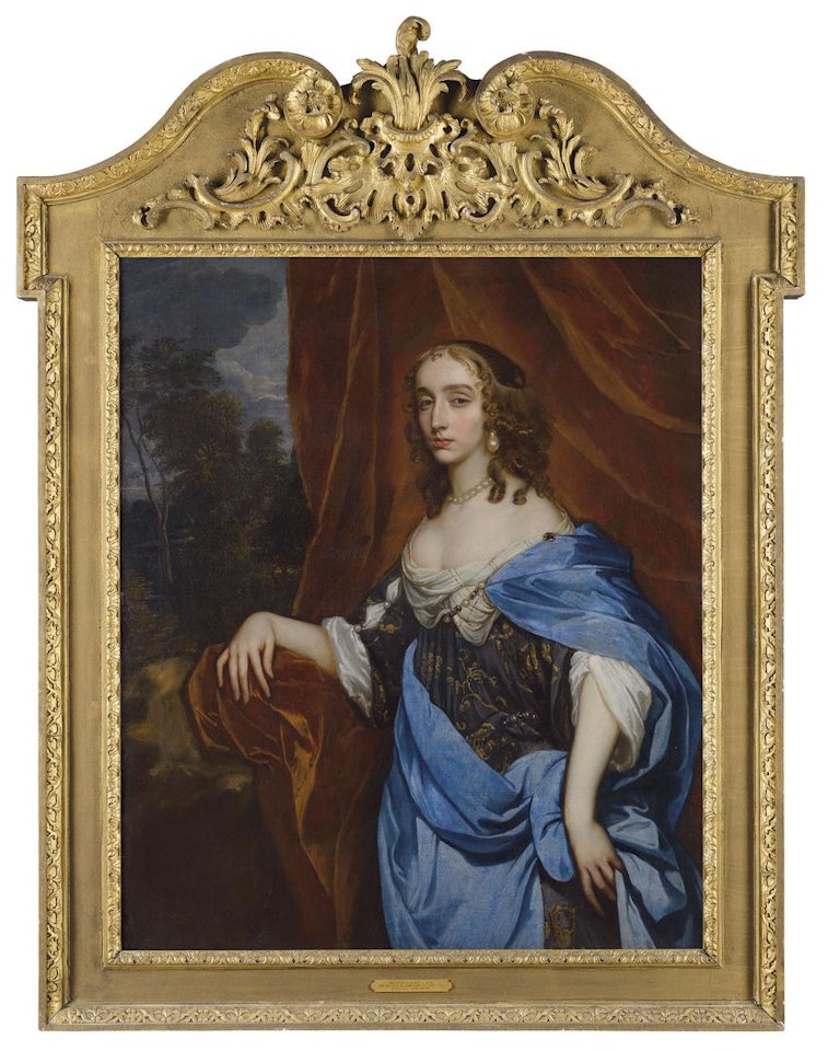 Portrait of a lady, three-quarter-length, standing, in a blue and gold embroidered dress by Sir Peter Lely