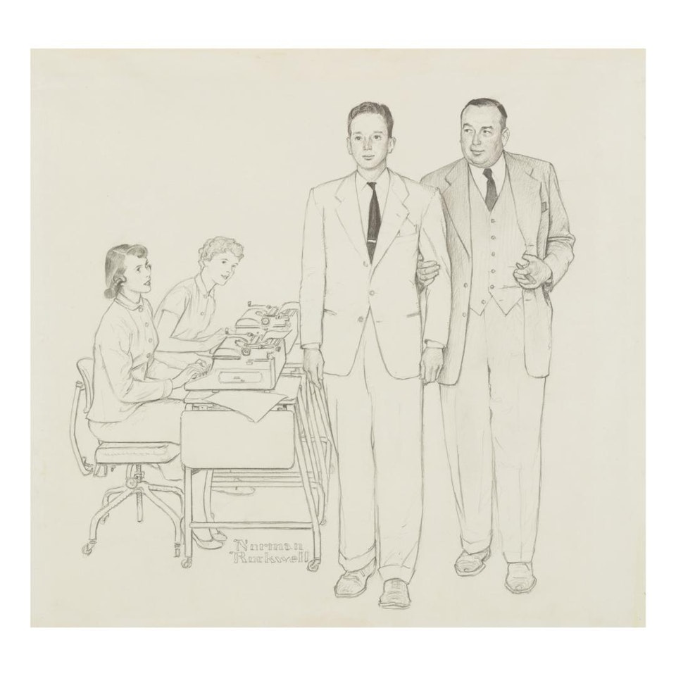 FATHER LEADS HIS SON THROUGH HIS PLANT by Norman Rockwell