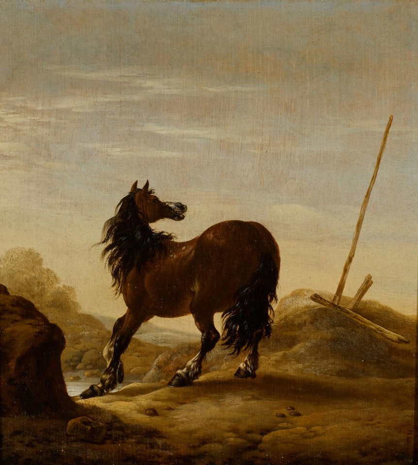 A bay horse in a dune landscape by Pieter Cornelisz Verbeeck