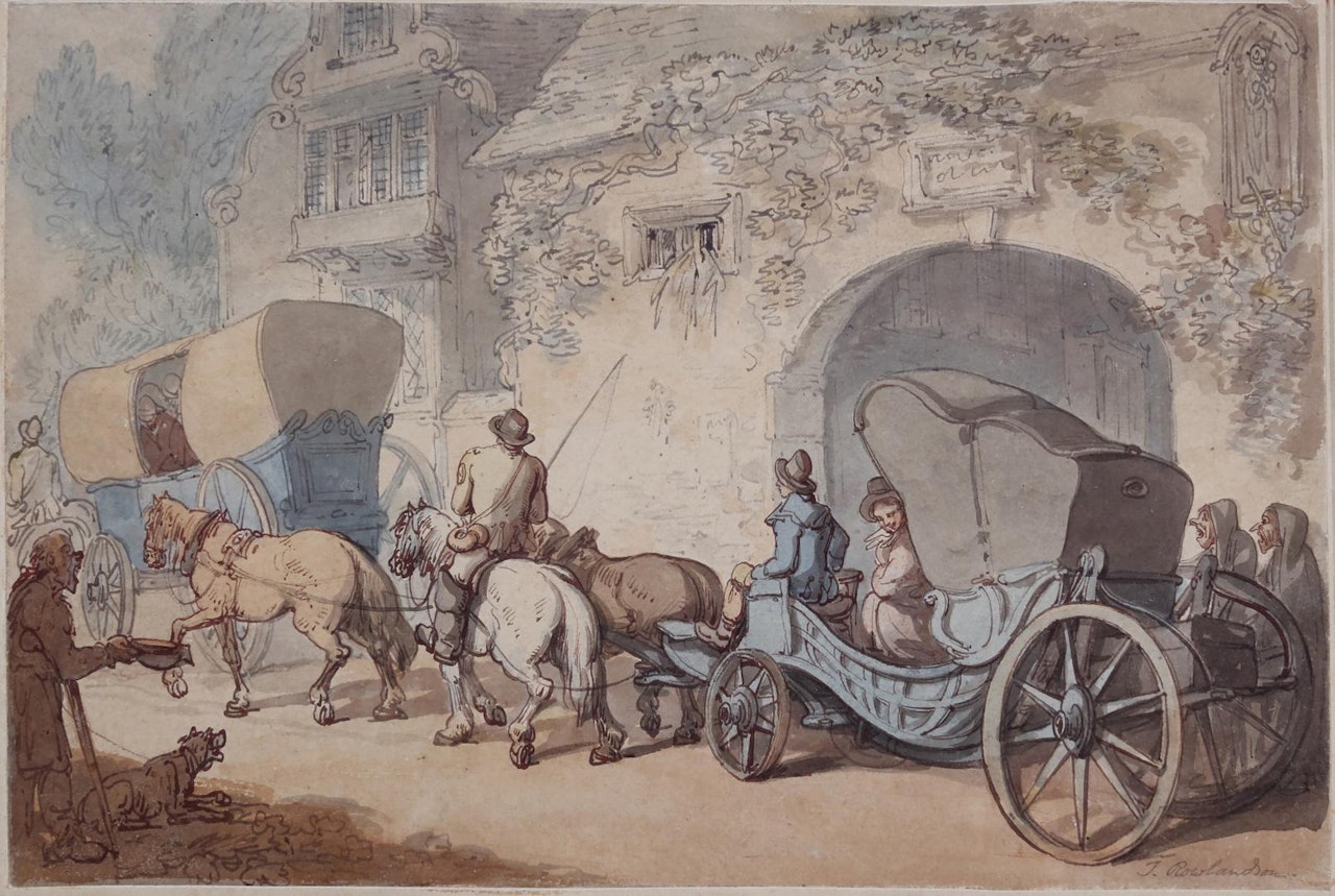 A busy road with a lady riding in a barouche by Thomas Rowlandson
