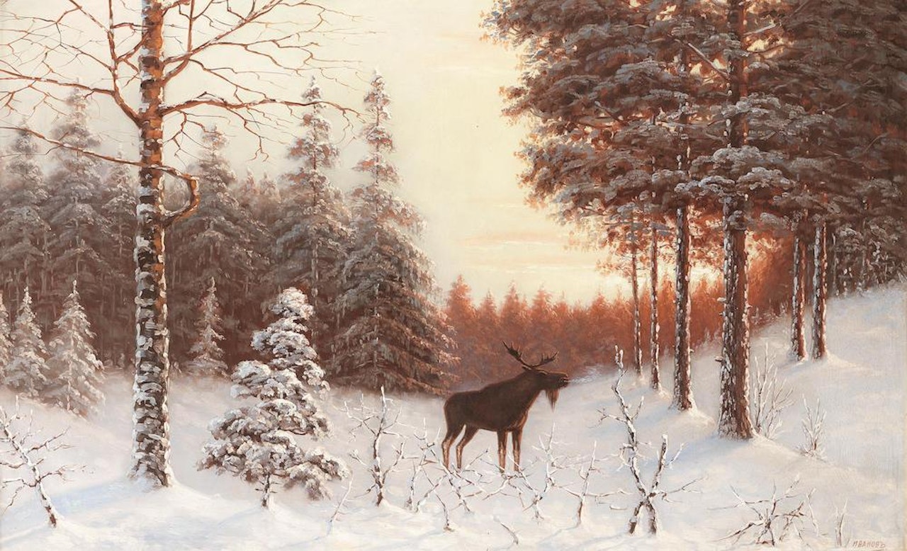 An elk in snow by Russian School